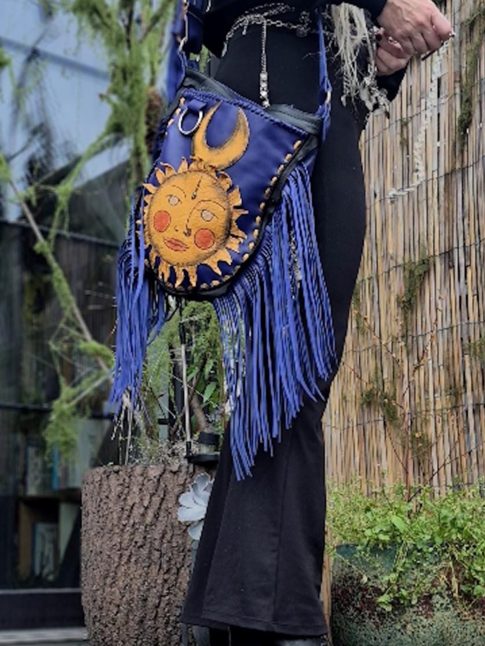 Purple Leather Fringe Crossbody Bag with Sun & Moon Motif - Picture 2 of 11